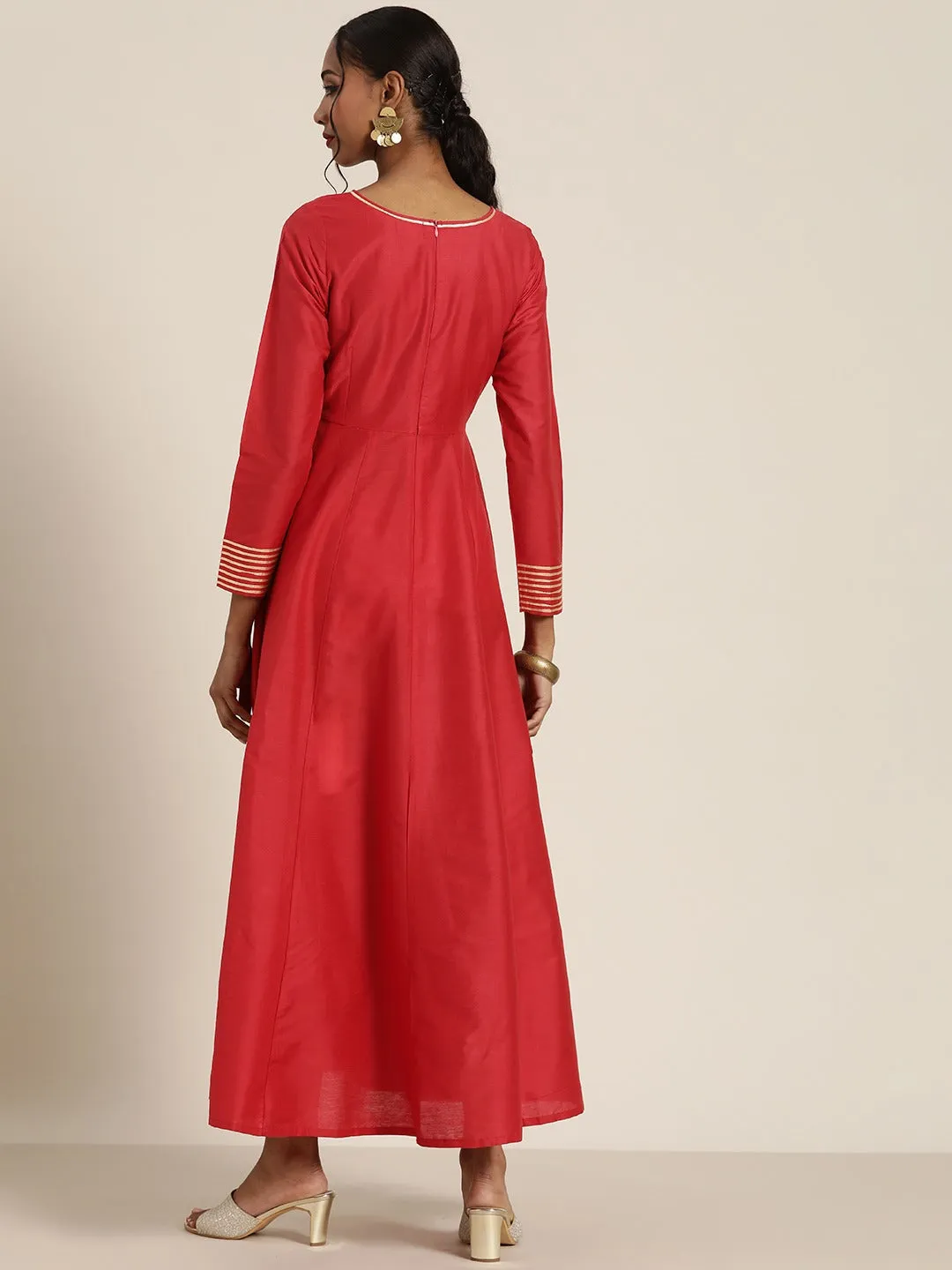 Women Red Gota Detail Anarkali Maxi Dress