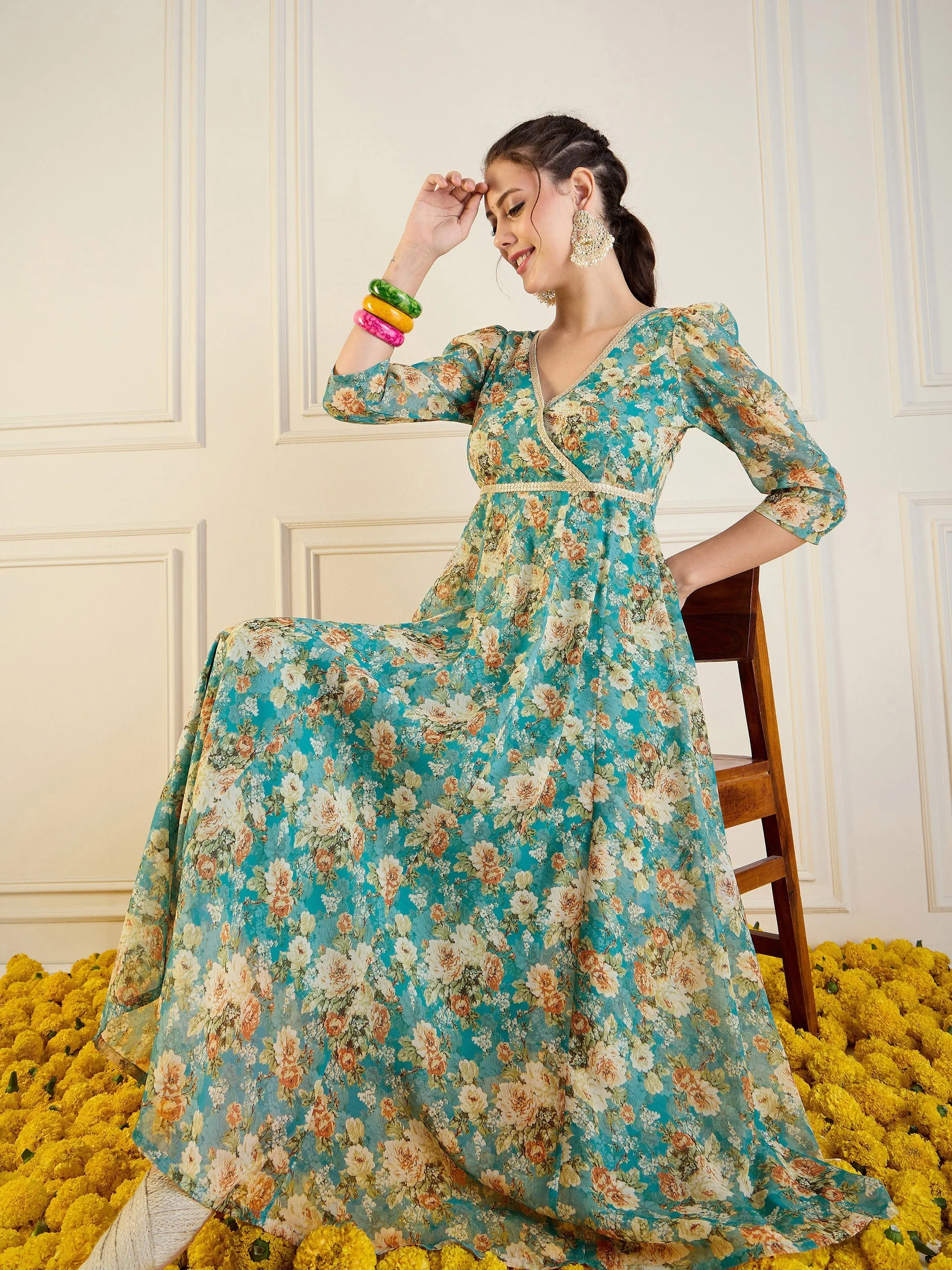 Women Turquoise Blue Floral Anarkali Maxi Dress