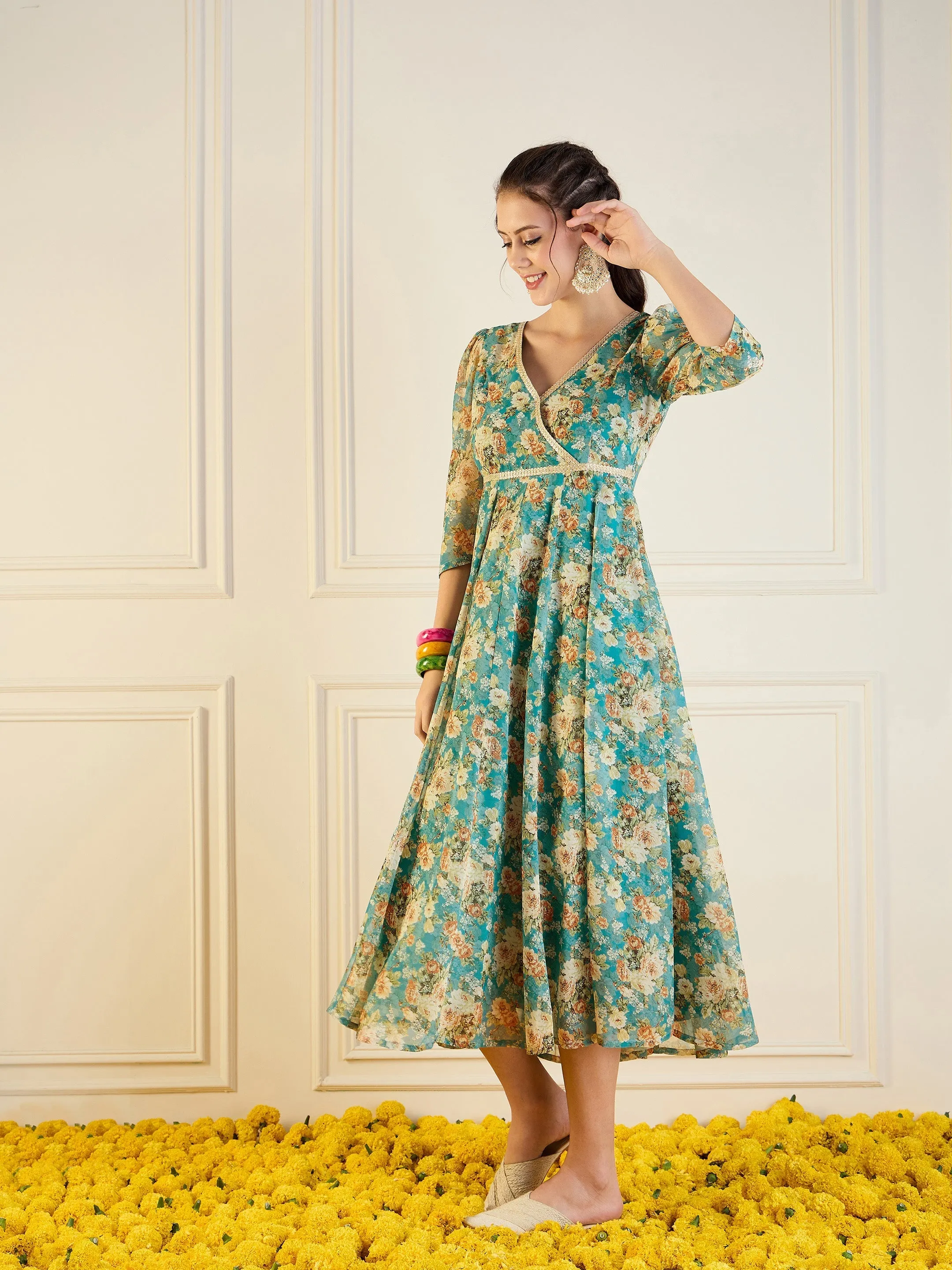 Women Turquoise Blue Floral Anarkali Maxi Dress