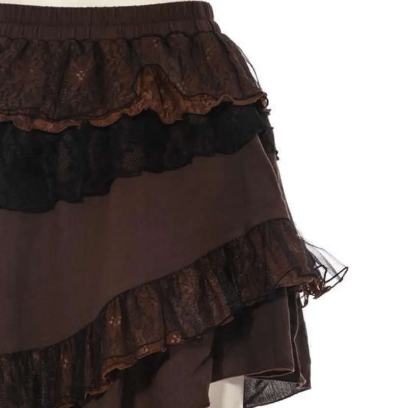 Women's Assymmetrical Net and Lace Frilled Steampunk Skirt