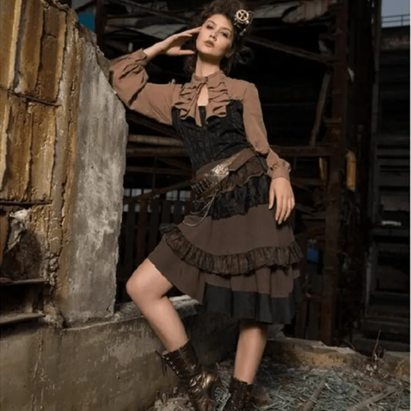 Women's Assymmetrical Net and Lace Frilled Steampunk Skirt