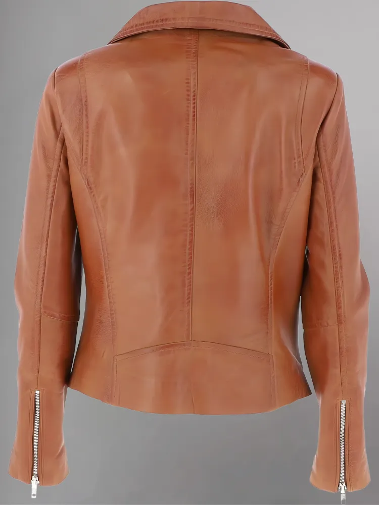 Women's Casual Stylish Biker Light Brown Leather Jacket