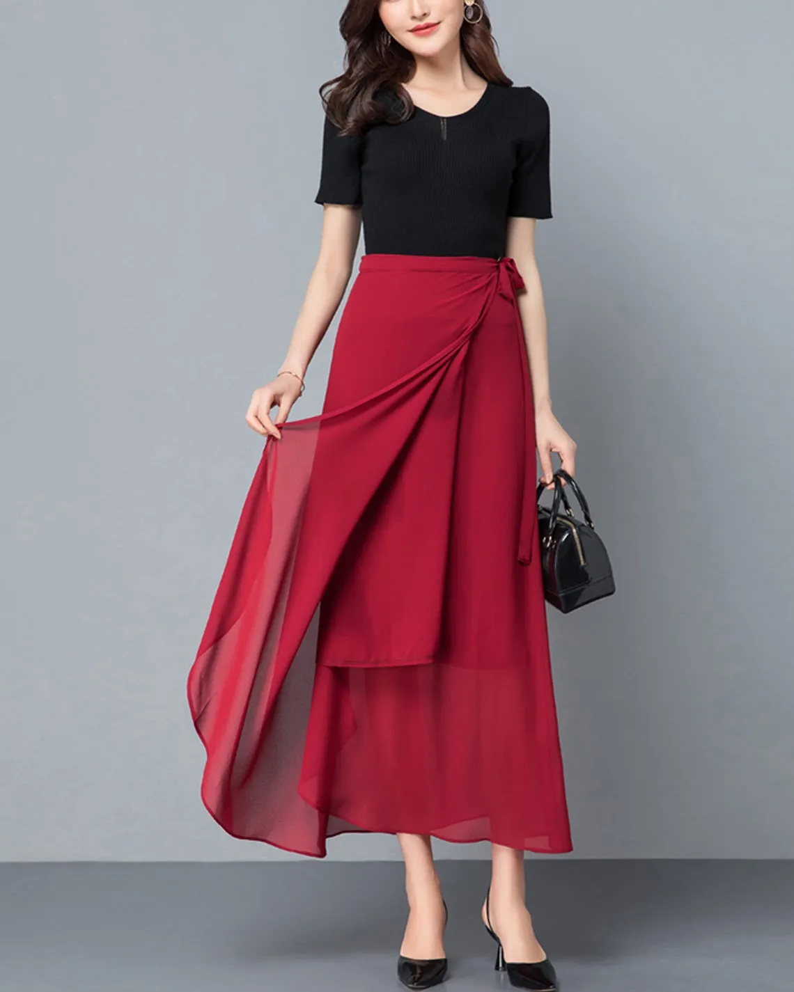 Women's chiffon wrap skirt, Flare skirt, Chiffon midi skirt, A-line skirt, long skirt, high waist skirt, plus size skirt, customized skirt A0014