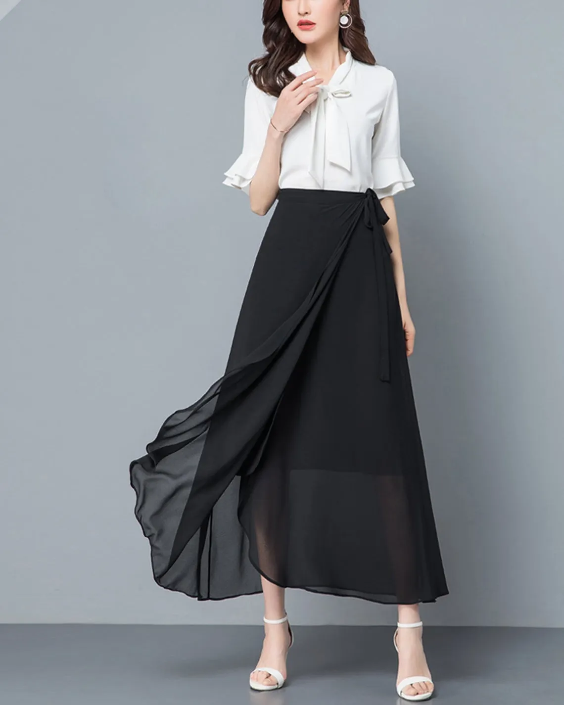 Women's chiffon wrap skirt, Flare skirt, Chiffon midi skirt, A-line skirt, long skirt, high waist skirt, plus size skirt, customized skirt A0014