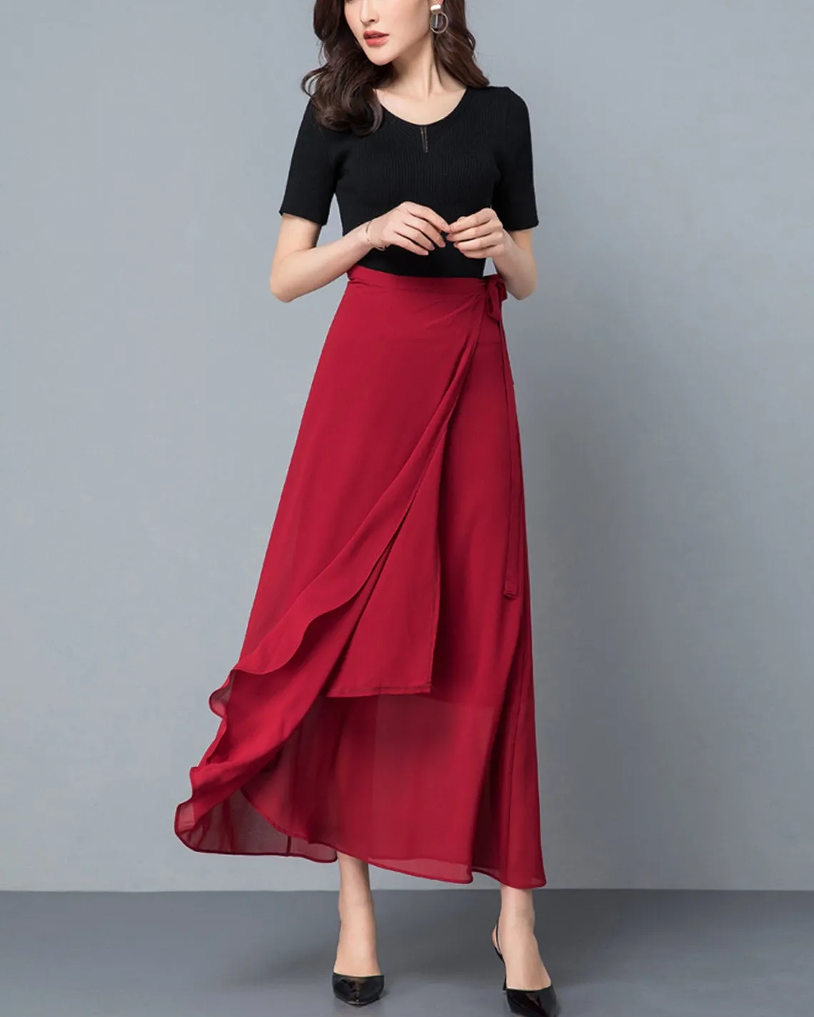 Women's chiffon wrap skirt, Flare skirt, Chiffon midi skirt, A-line skirt, long skirt, high waist skirt, plus size skirt, customized skirt A0014