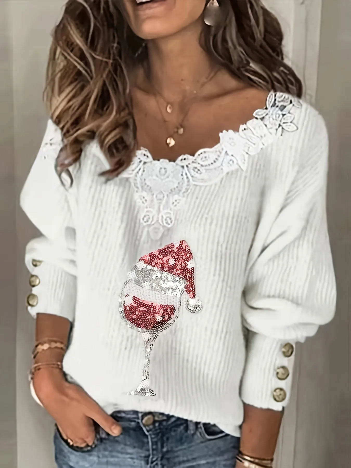 Women'S Christmas Lace Trim Sparkling Embroidery Wine Glass Celebration Button Sweater