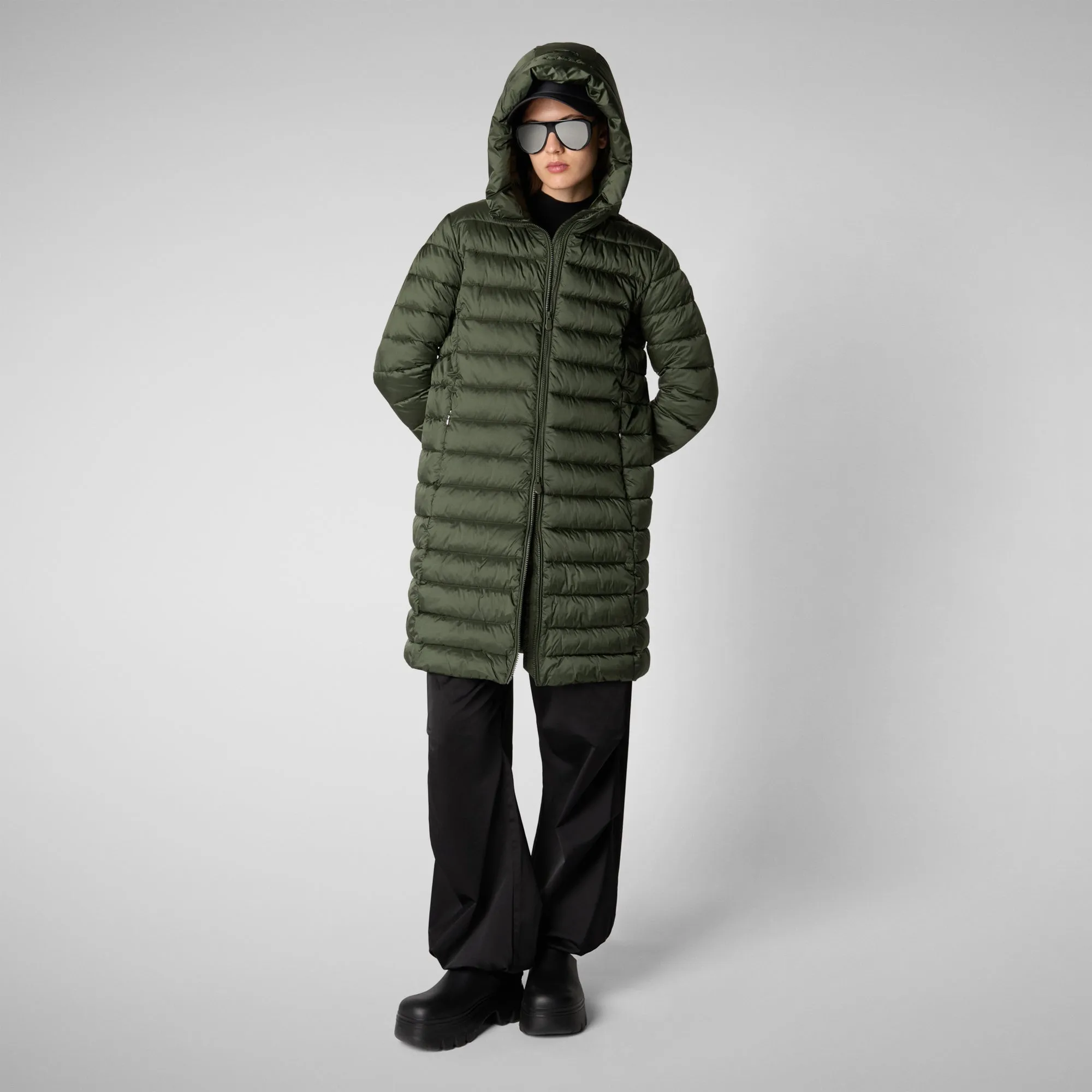 Women's Hooded Animal free Puffer Coat Saffron in Thyme Green