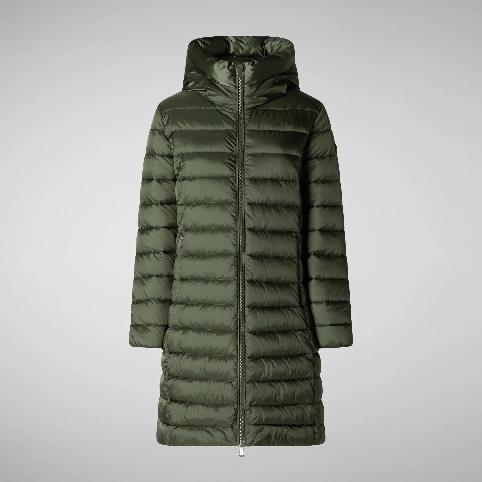 Women's Hooded Animal free Puffer Coat Saffron in Thyme Green