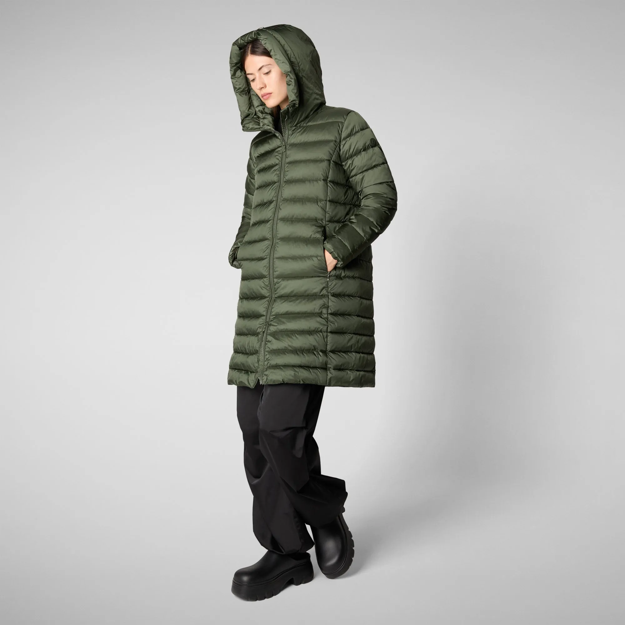 Women's Hooded Animal free Puffer Coat Saffron in Thyme Green