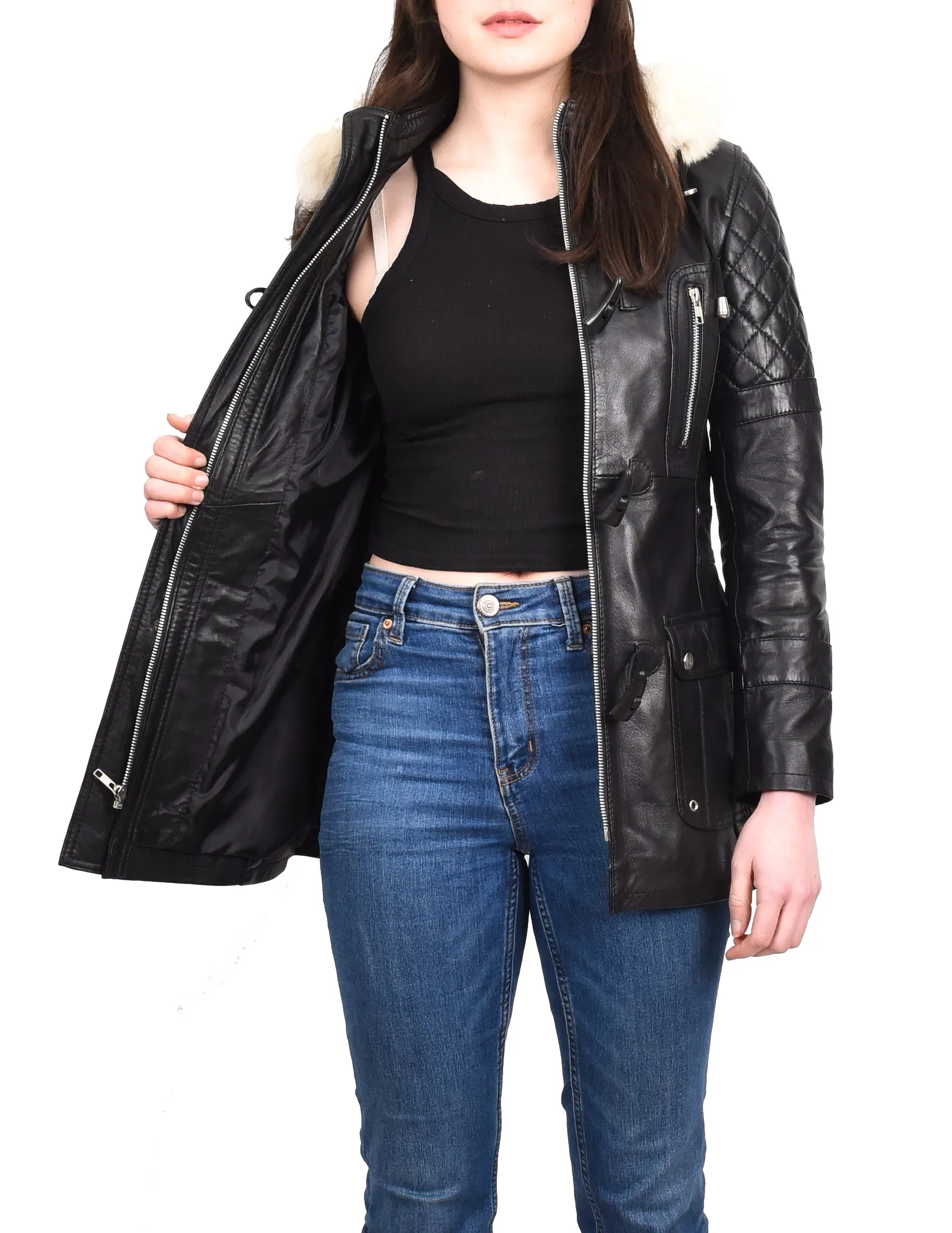 Women's Original Detachable Hoodie Duffel Leather Coat Black Velvetine