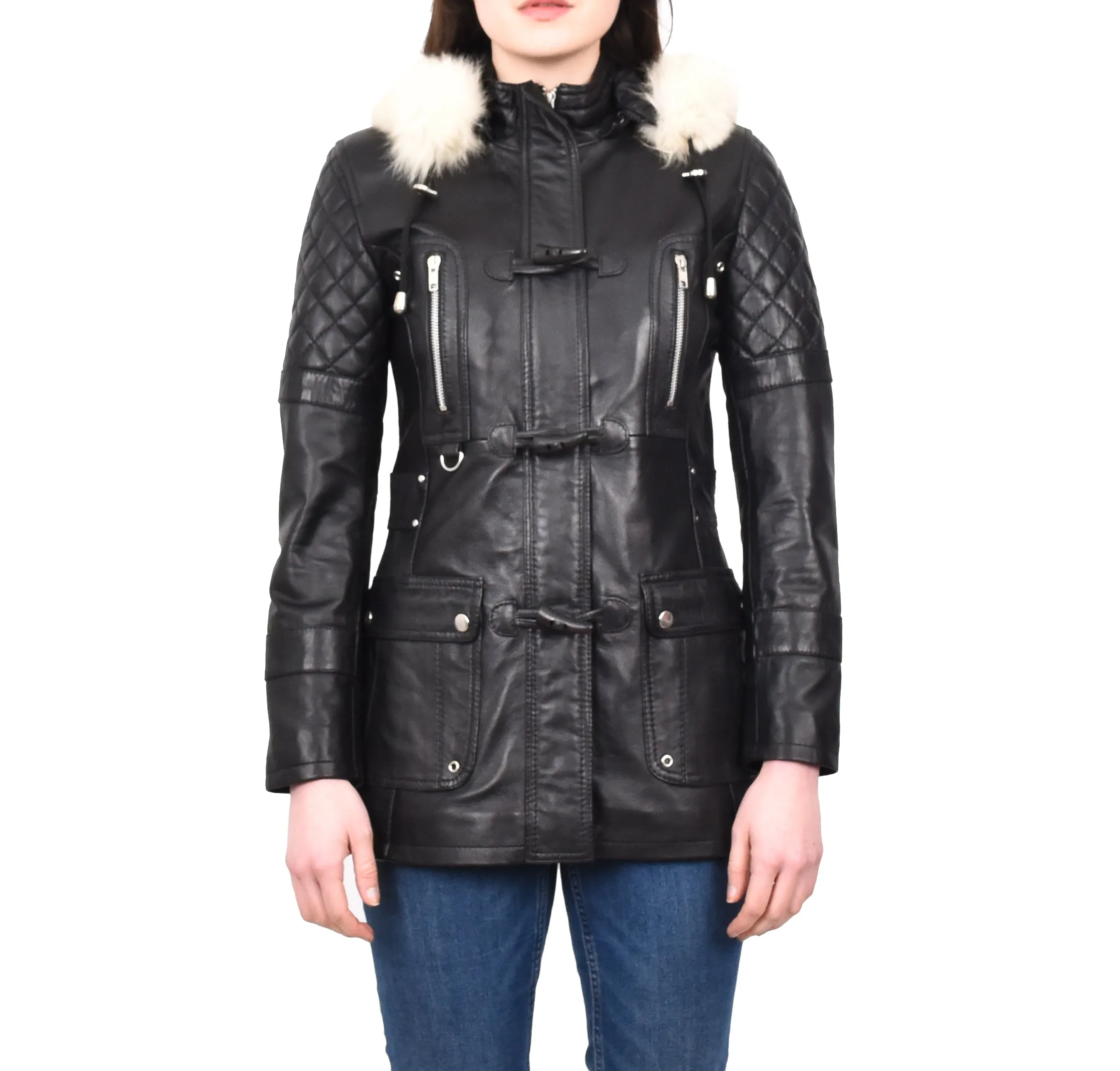 Women's Original Detachable Hoodie Duffel Leather Coat Black Velvetine