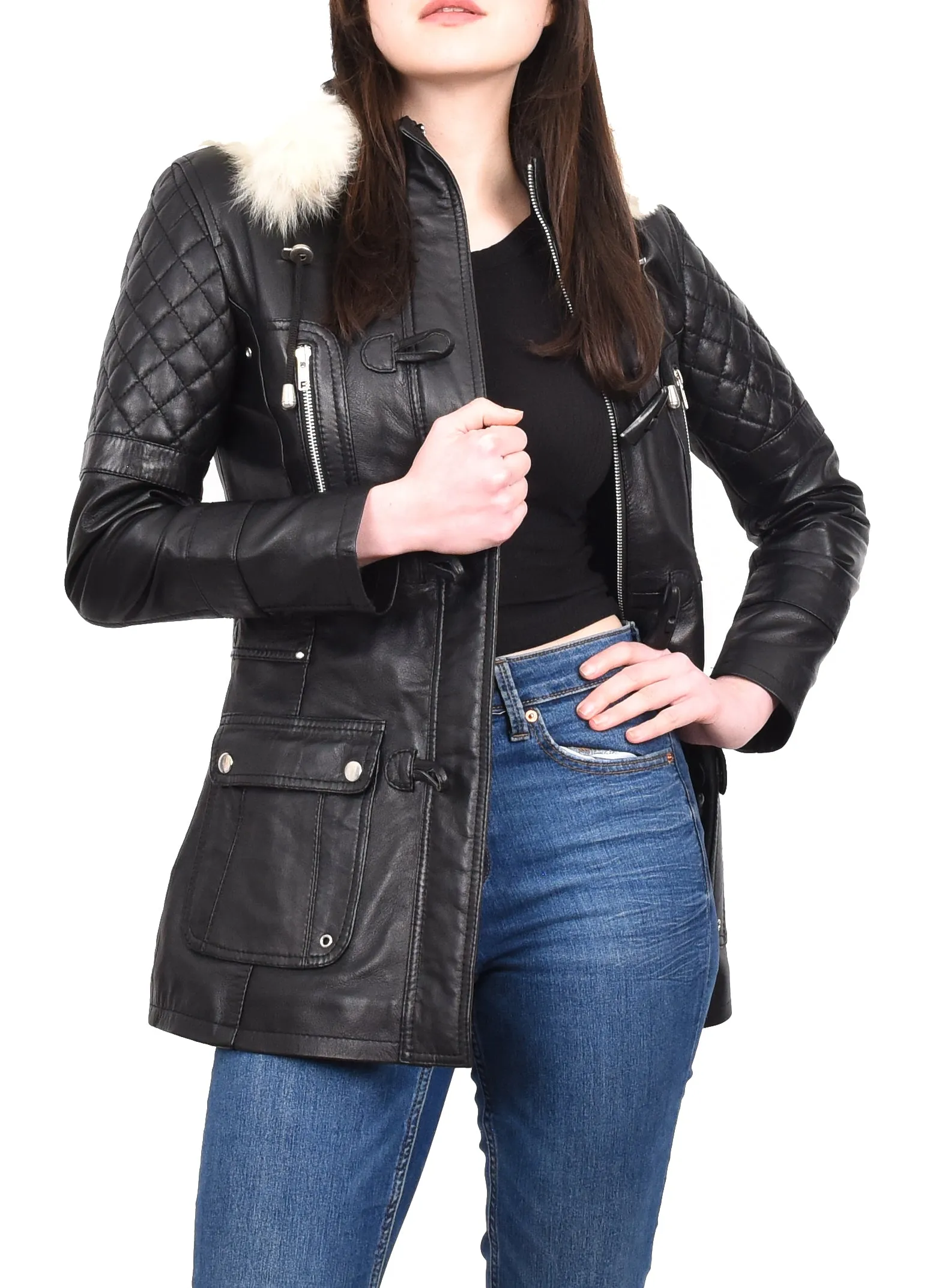 Women's Original Detachable Hoodie Duffel Leather Coat Black Velvetine