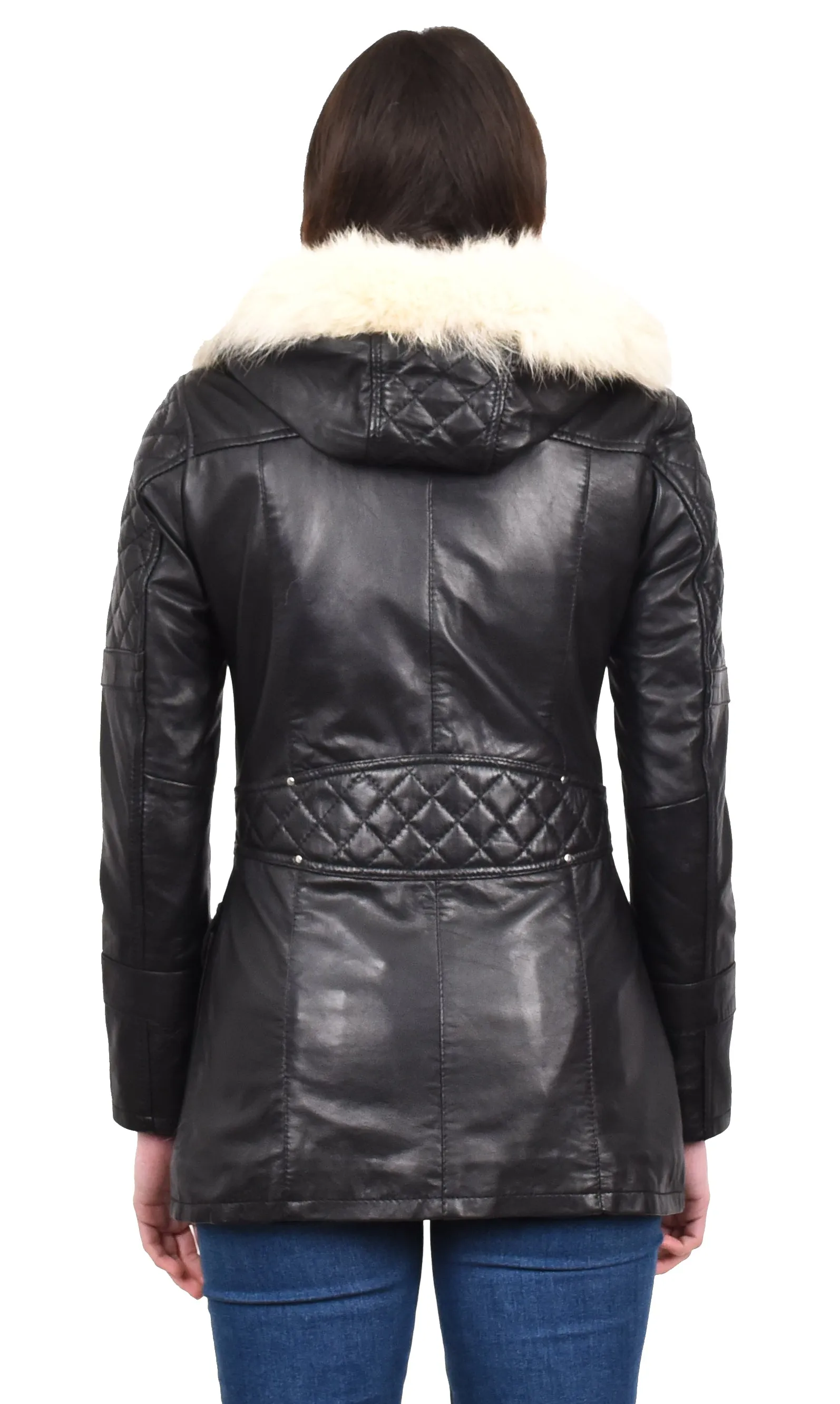 Women's Original Detachable Hoodie Duffel Leather Coat Black Velvetine