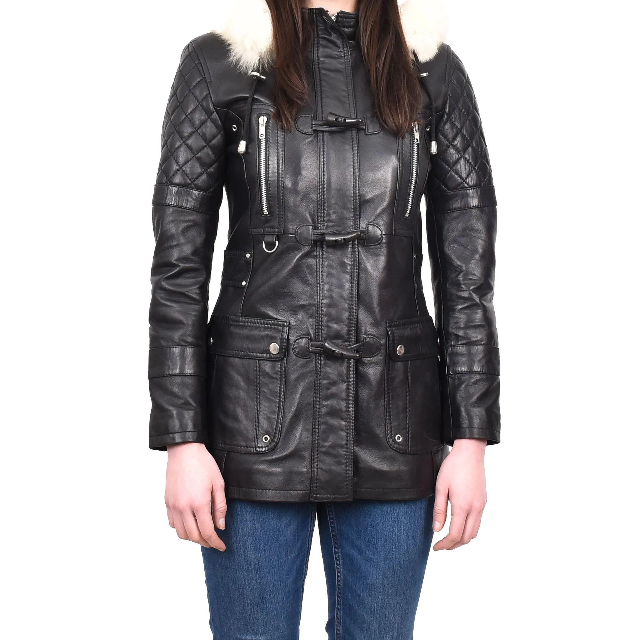 Women's Original Detachable Hoodie Duffel Leather Coat Black Velvetine