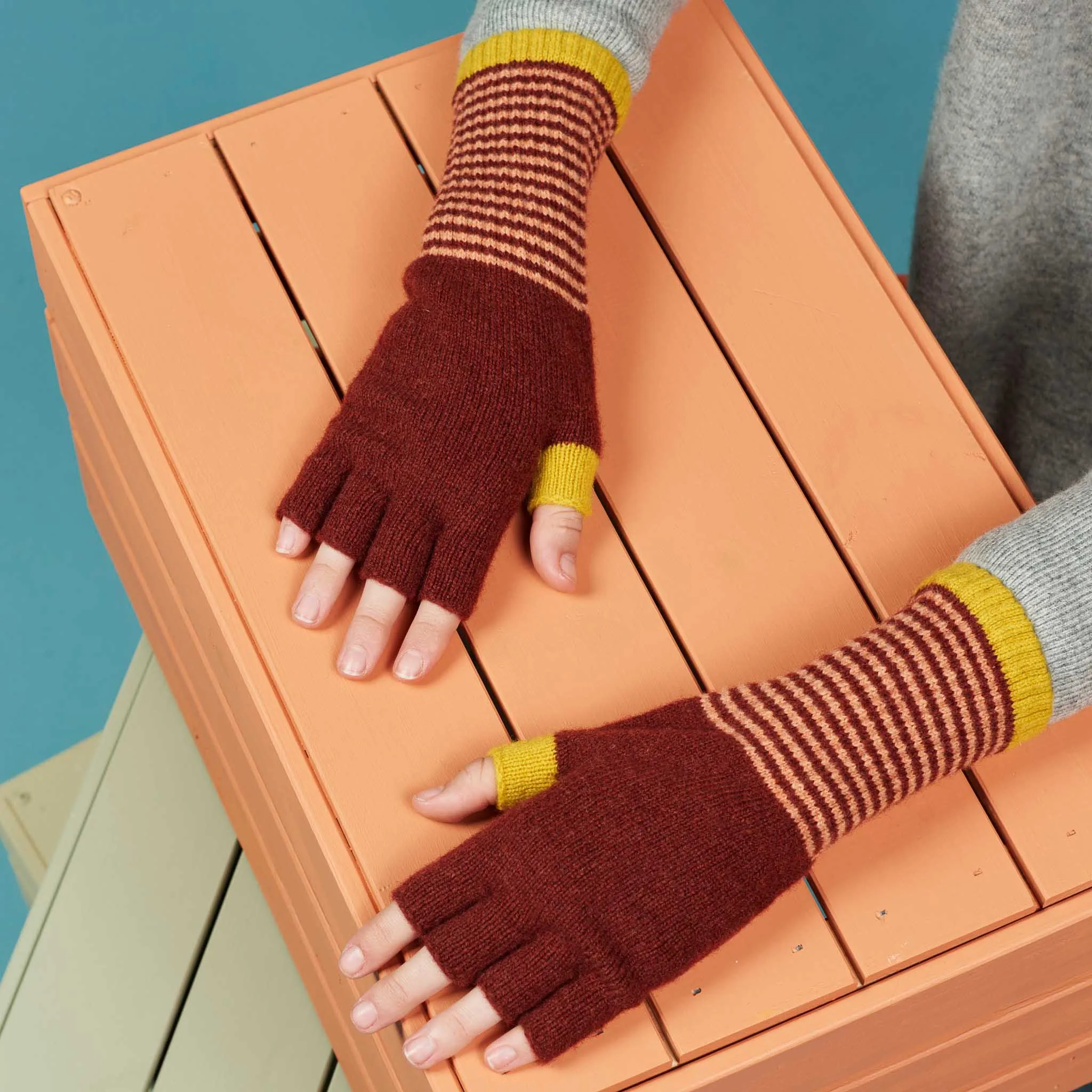 Women's Sienna & Electric Yellow Lambswool Fingerless Gloves