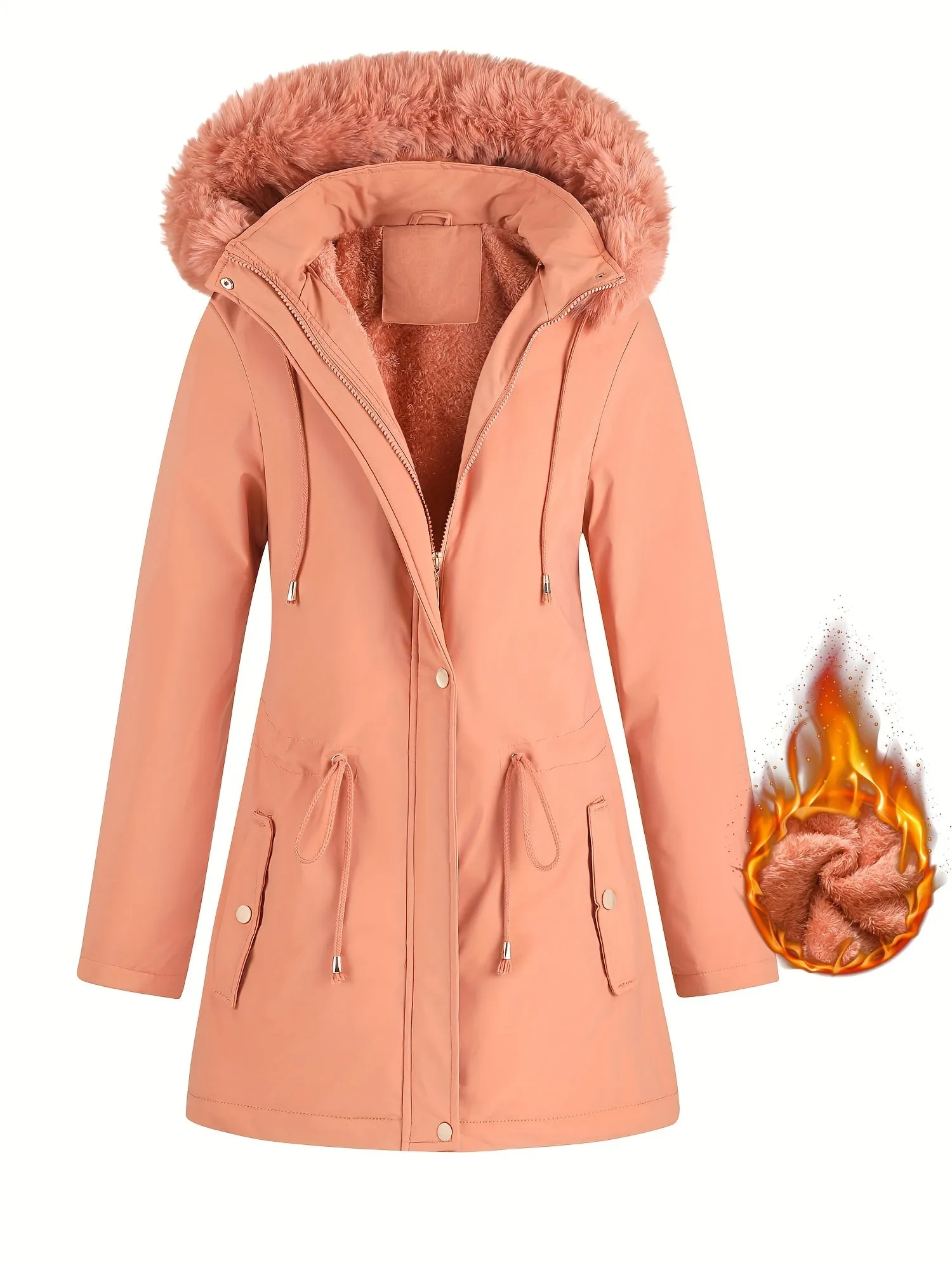 Women's Winter Casual Warm Long Sleeve Fashion Casual Mid-length Plush Lined Warm Hooded Jacket