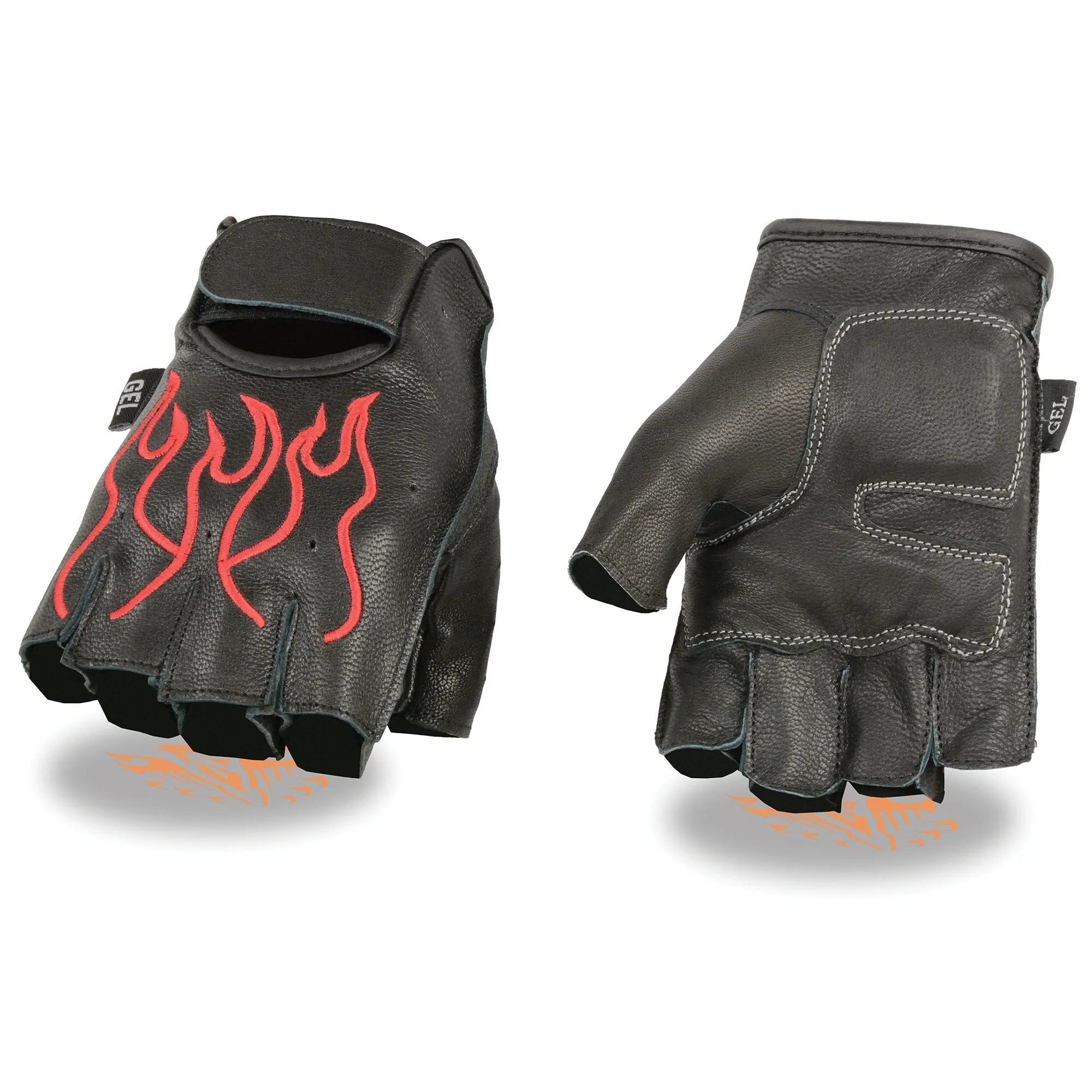 Xelement XG198 Men's Embroidered 'Flamed' Fingerless Black and Red Motorcycle Leather Gloves