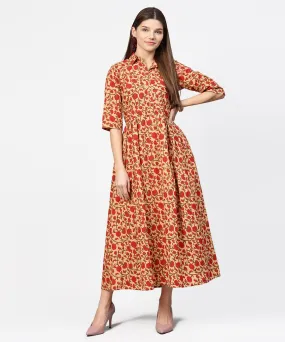 Yellow & Red Printed Half Sleeve Cotton Maxi Dress