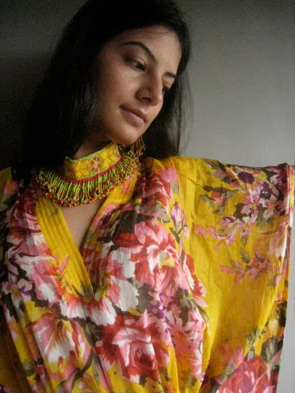 Yellow Floral Rosy Red Posy V-Neck, Ankle Length, Cinched Waist Caftan