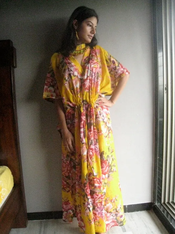 Yellow Floral Rosy Red Posy V-Neck, Ankle Length, Cinched Waist Caftan