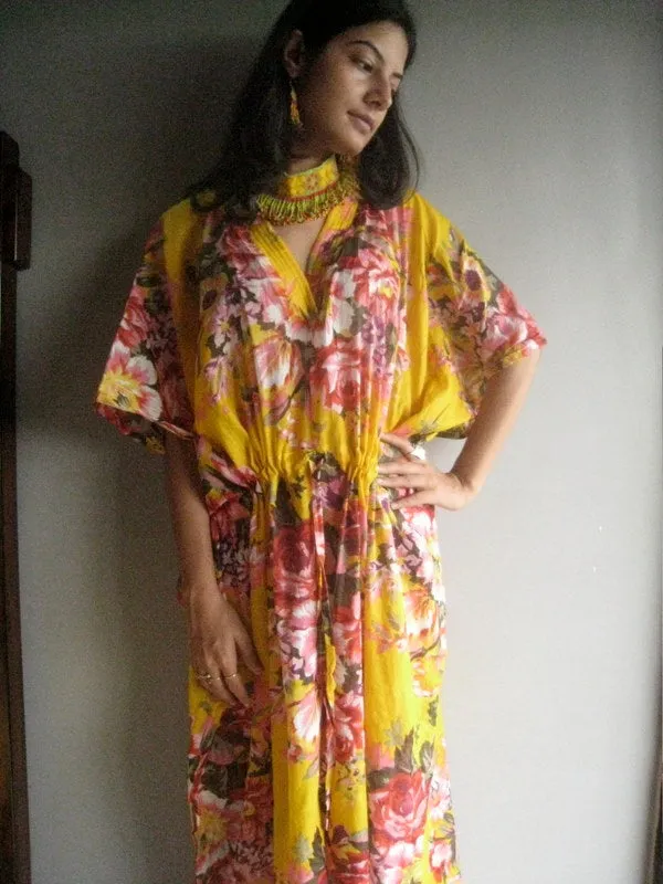 Yellow Floral Rosy Red Posy V-Neck, Ankle Length, Cinched Waist Caftan