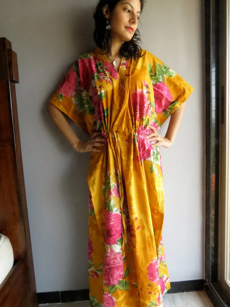 Yellow Fuchsia Large Floral Blossom V-Neck, Ankle Length, Cinched Waist Caftan