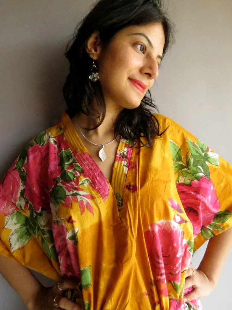 Yellow Fuchsia Large Floral Blossom V-Neck, Ankle Length, Cinched Waist Caftan