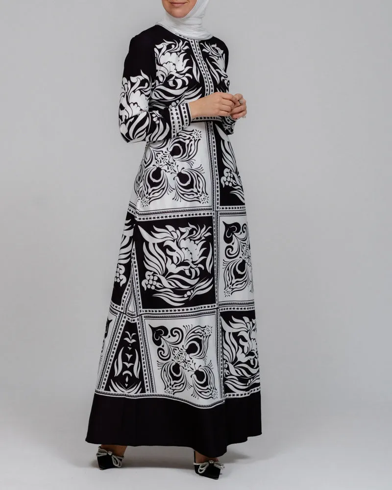 Zubeyde monochrome scarf print black and white maxi dress with detachable belt