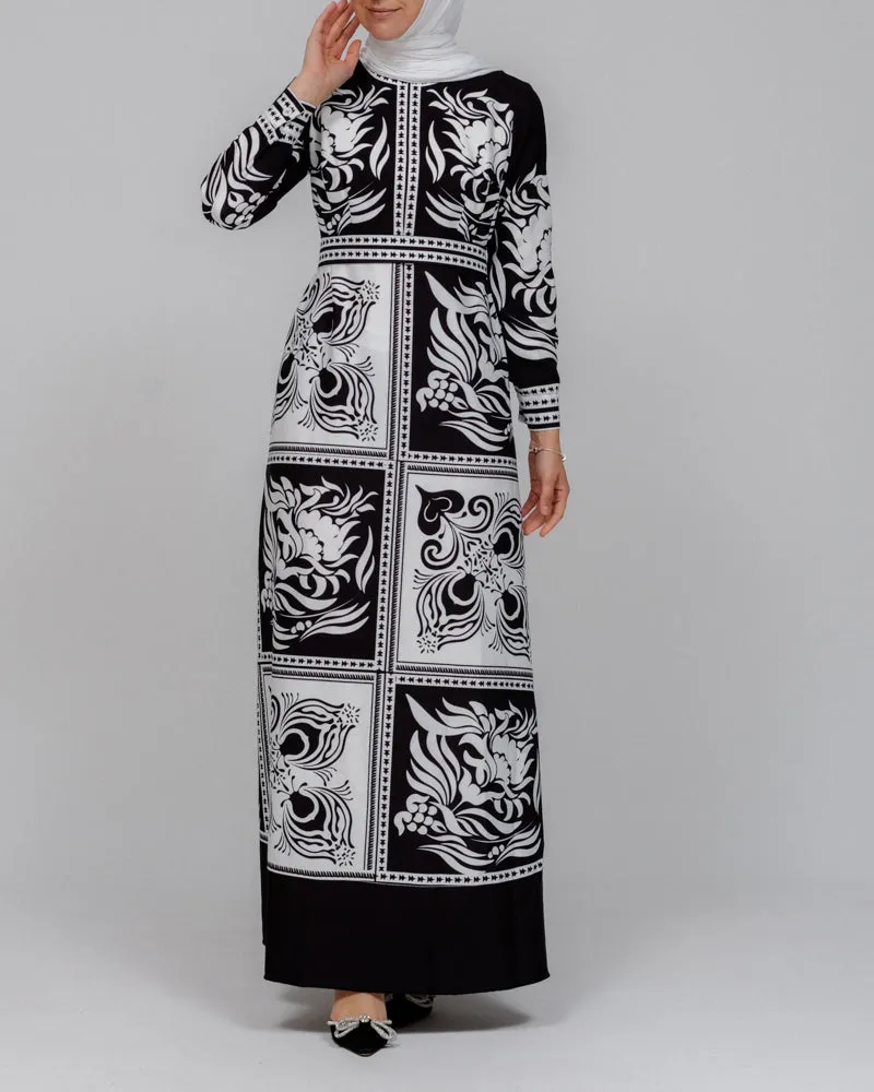 Zubeyde monochrome scarf print black and white maxi dress with detachable belt