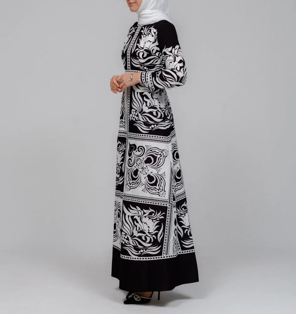 Zubeyde monochrome scarf print black and white maxi dress with detachable belt