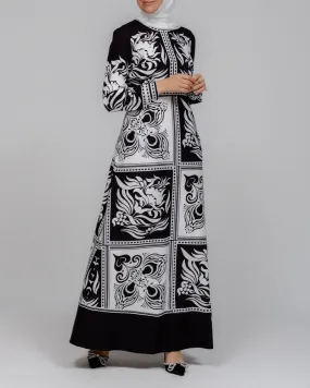 Zubeyde monochrome scarf print black and white maxi dress with detachable belt