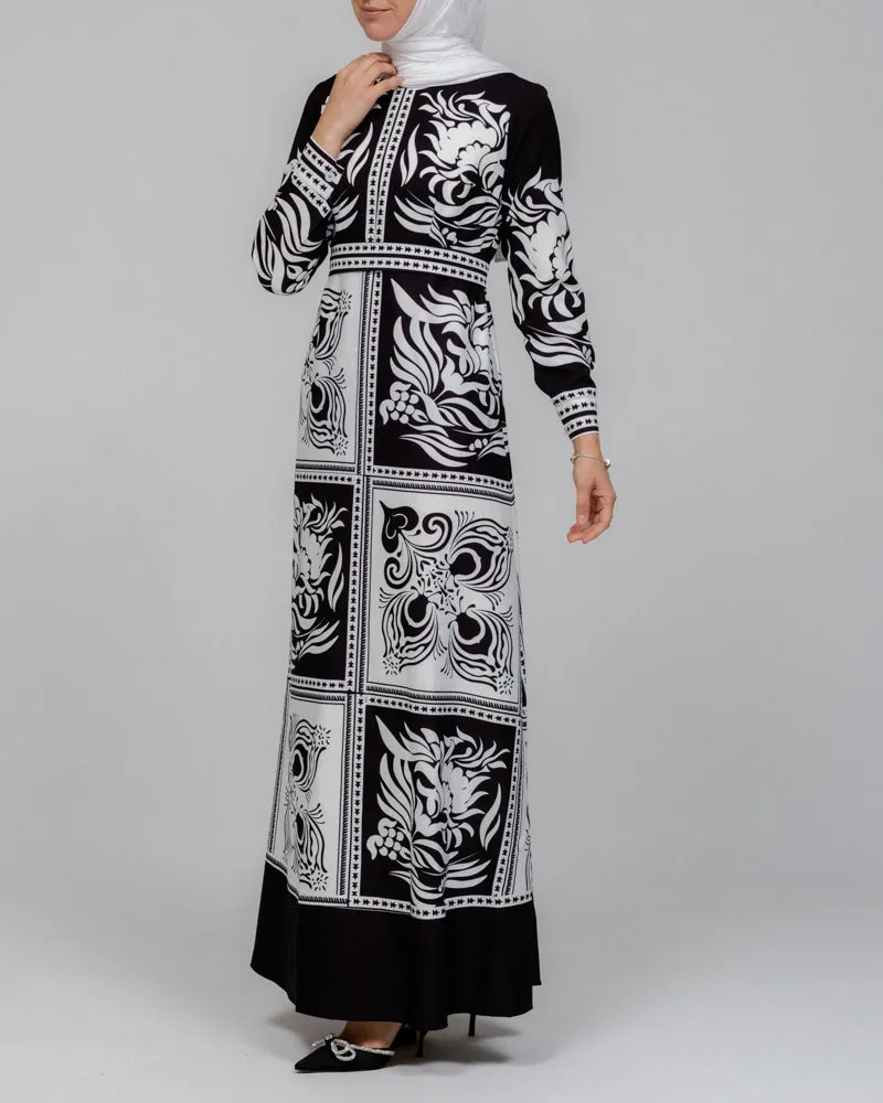 Zubeyde monochrome scarf print black and white maxi dress with detachable belt