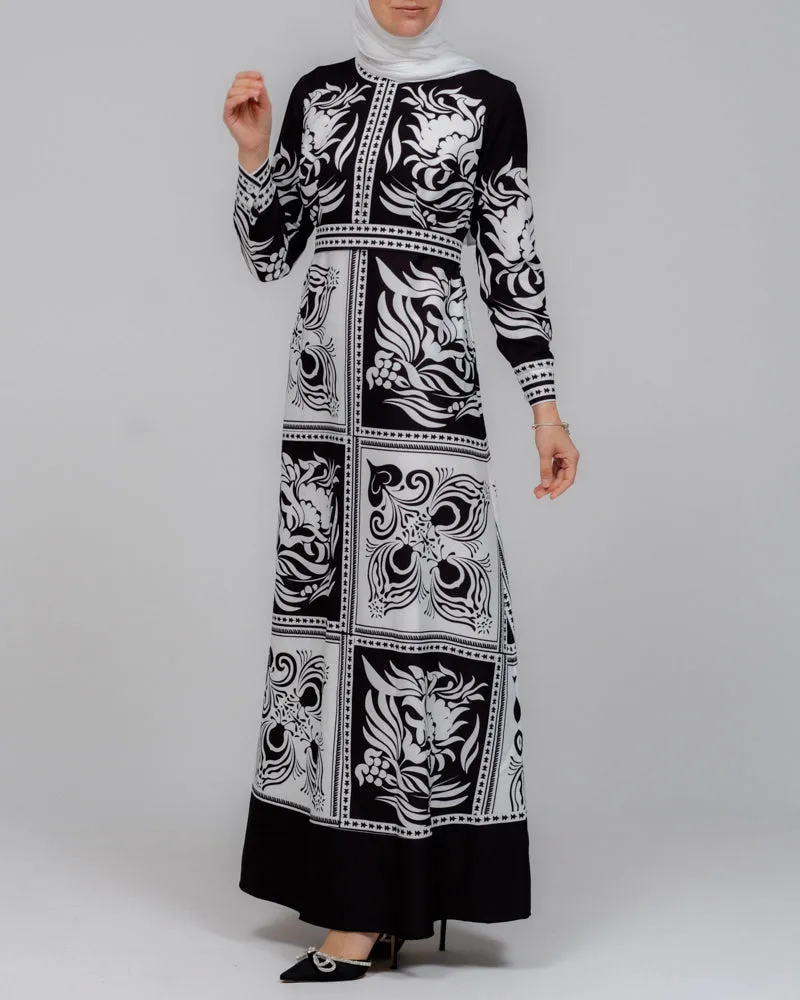 Zubeyde monochrome scarf print black and white maxi dress with detachable belt